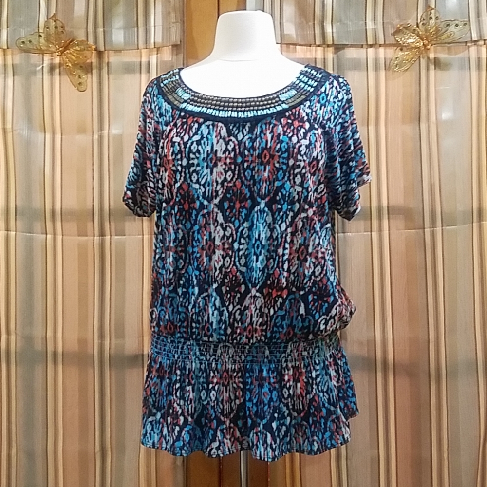 Multi Color Top with  Turquoise Bead Accents